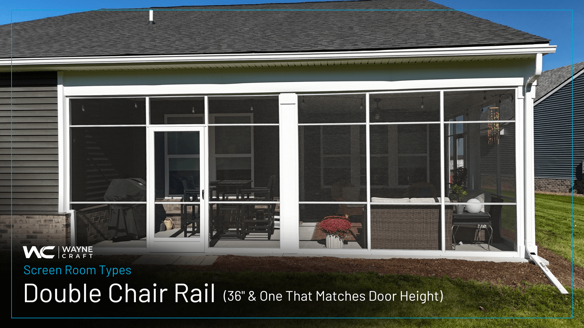 Double chair rail screen section showing rails at 36 inches and door height for added structure and symmetry