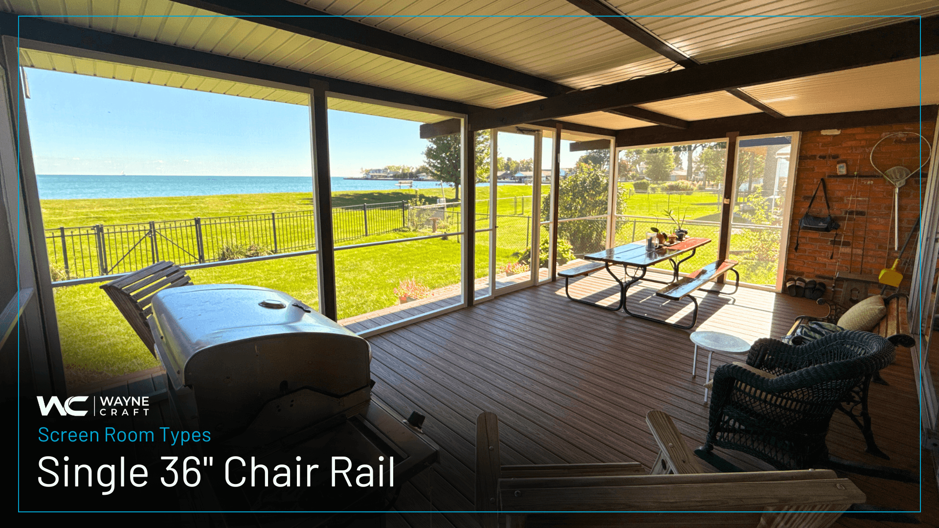 Simple screen room section with a single 36-inch chair rail, offering clear views and minimal framing