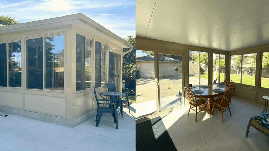 Four season sunroom installed by Wayne Craft on a Michigan home with custom aluminum framing and screened windows.
