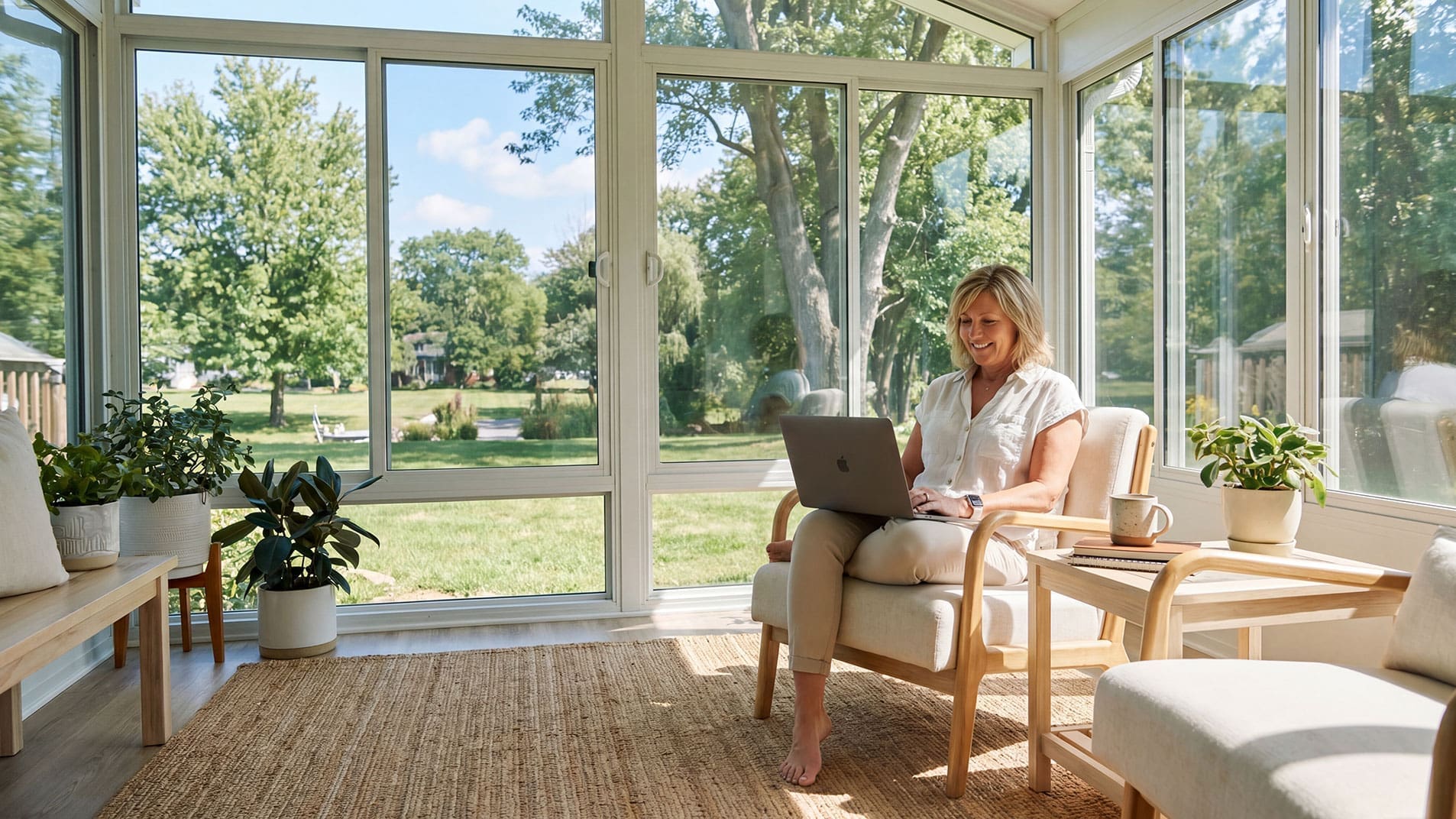 Michigan homeowner working on a laptop in a bright sunroom with large glass windows overlooking a sunny backyard with green grass